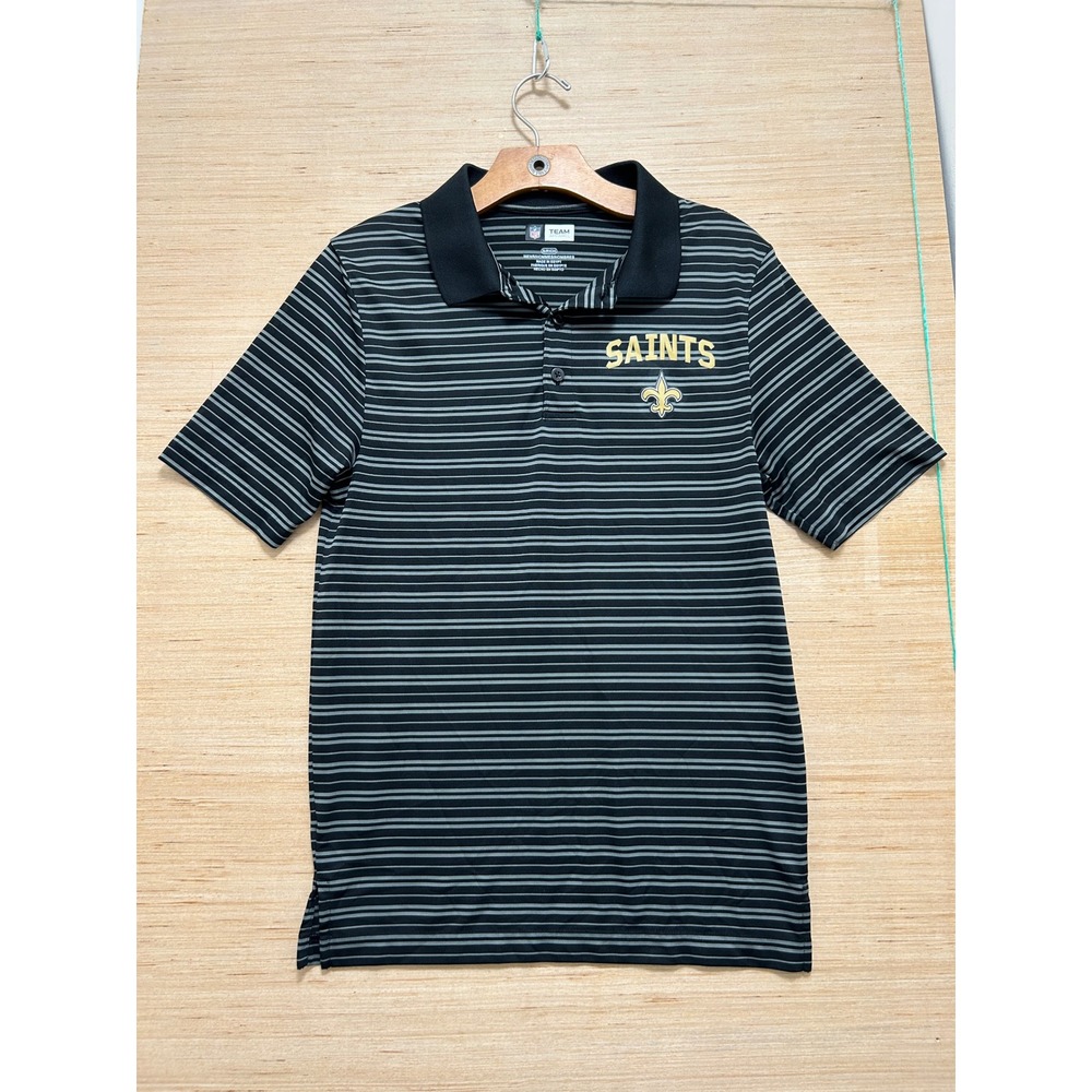 NFL Team Apparel New Orleans Saints‎ Mens Small Black Grey Striped Polo Shirt